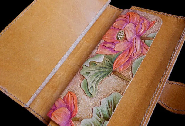 Handcraft vintage hand painting lotus flower leather long wallet for women