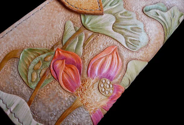 Handcraft vintage hand painting lotus flower leather long wallet for women
