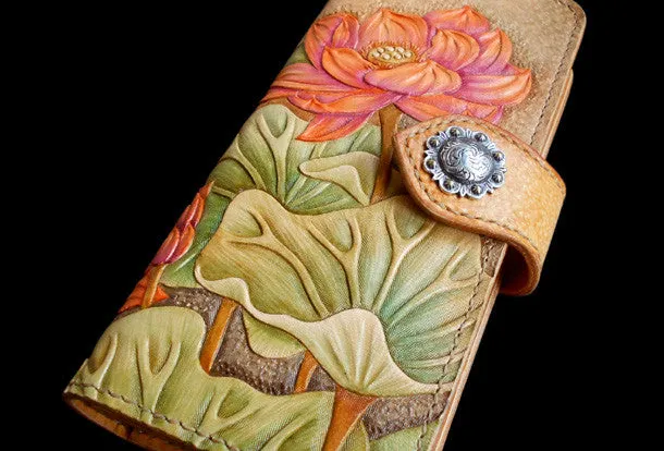 Handcraft vintage hand painting lotus flower leather long wallet for women