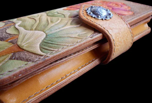 Handcraft vintage hand painting lotus flower leather long wallet for women