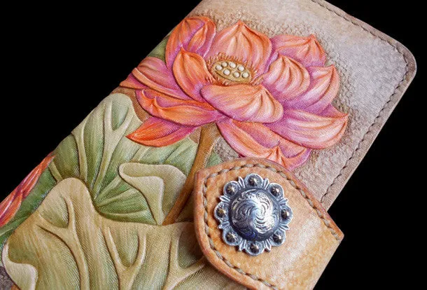Handcraft vintage hand painting lotus flower leather long wallet for women
