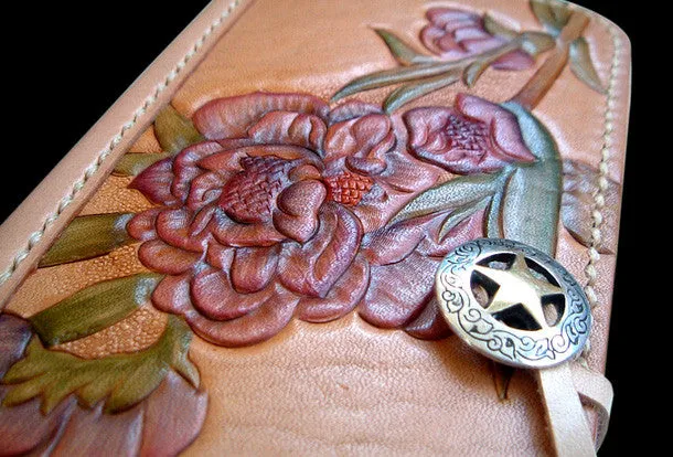 Handcraft vintage hand painting peach blossom leather long wallet for women