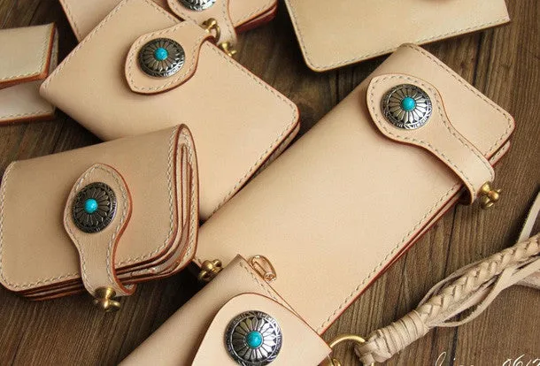 Handmade beige leather biker wallet chain bifold long wallet purse clutch for men