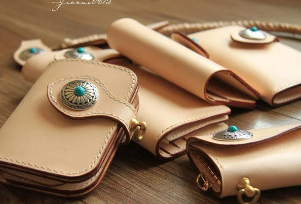 Handmade beige leather biker wallet chain bifold long wallet purse clutch for men