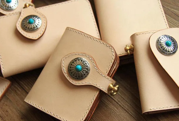 Handmade beige leather biker wallet chain bifold long wallet purse clutch for men