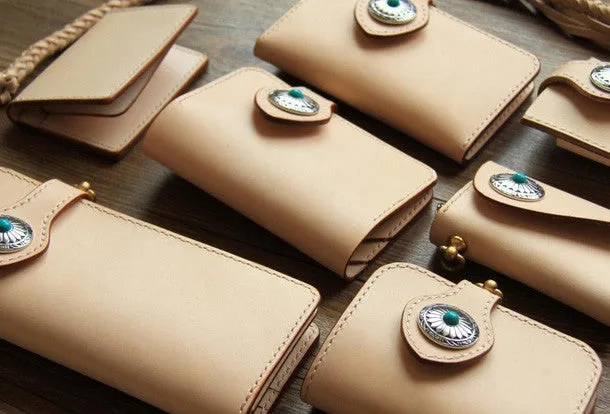 Handmade beige leather biker wallet chain bifold long wallet purse clutch for men