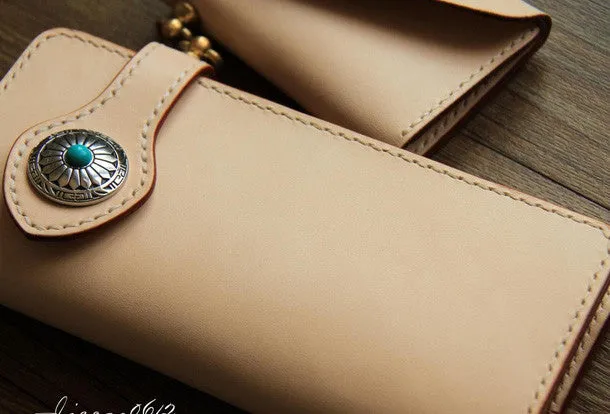 Handmade beige leather biker wallet chain bifold long wallet purse clutch for men