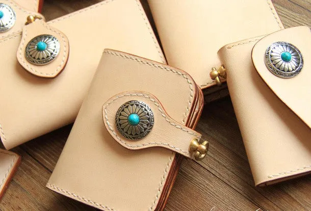 Handmade beige leather biker wallet chain bifold long wallet purse clutch for men