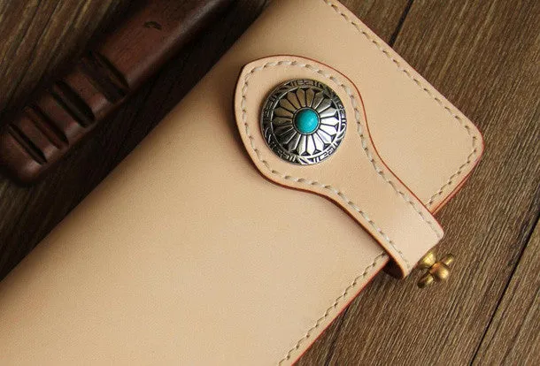 Handmade beige leather biker wallet chain bifold long wallet purse clutch for men