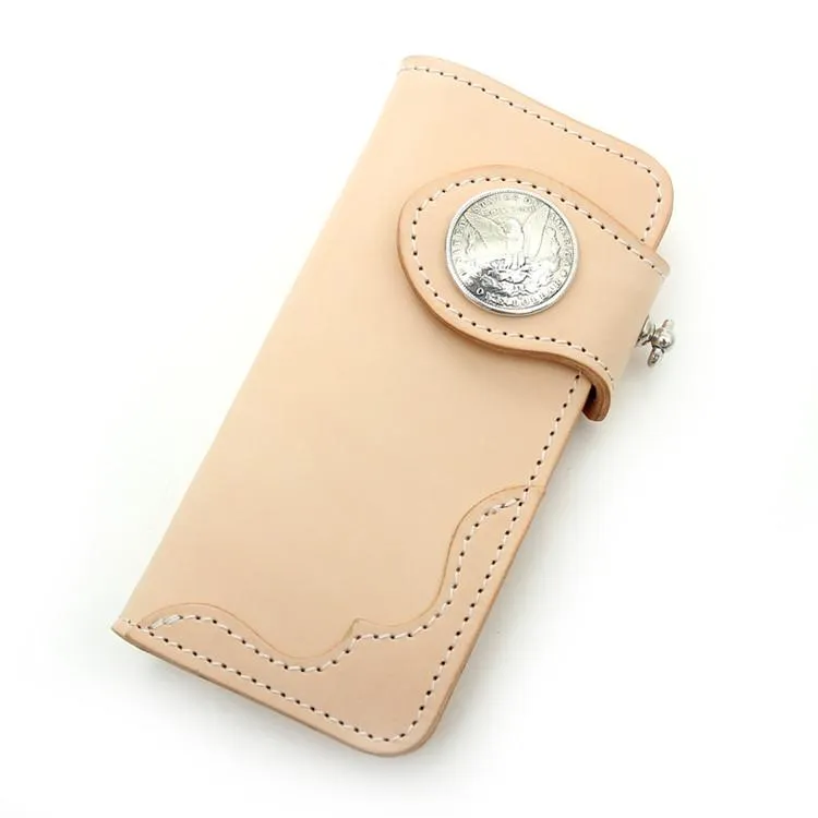 Handmade Beige Long Biker Wallets with Chain Cool Mens Leather Biker Chain Wallets