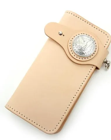 Handmade Beige Long Biker Wallets with Chain Cool Mens Leather Biker Chain Wallets