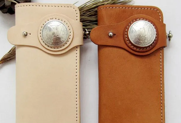 Handmade beige tan men leather biker wallet with chain Long wallet clutch for men