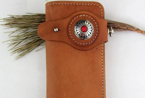 Handmade beige tan men leather biker wallet with chain Long wallet clutch for men