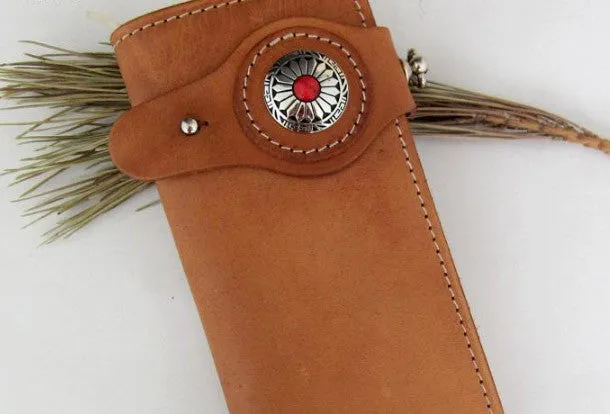 Handmade beige tan men leather biker wallet with chain Long wallet clutch for men