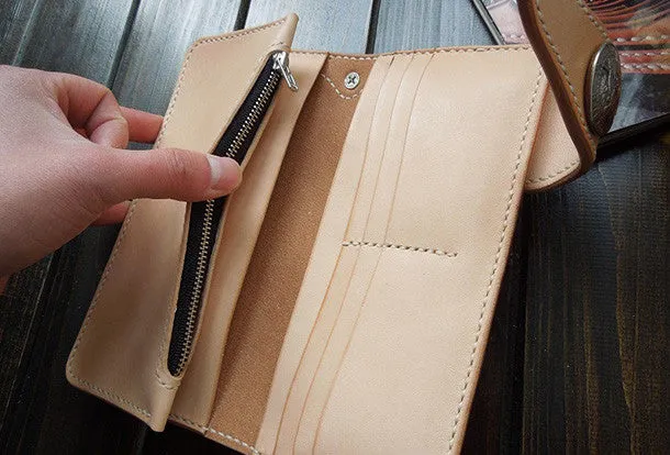 Handmade biker chain wallet beige leather biker wallet Long wallet for men