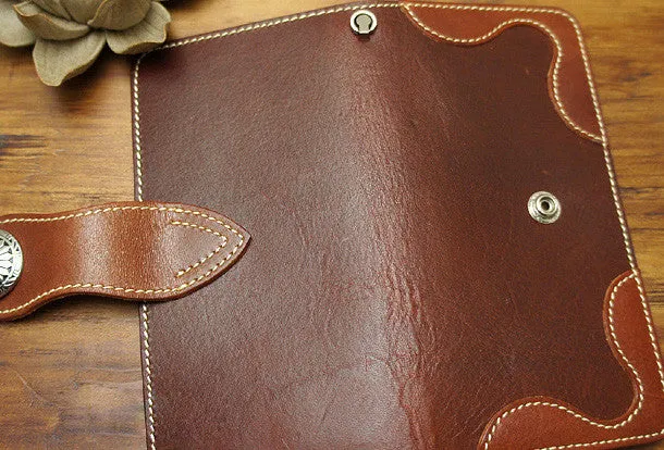 Handmade biker leather wallet with chain brown red brown Long wallet purse for men