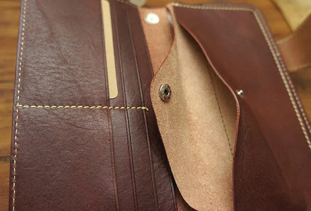 Handmade biker leather wallet with chain brown red brown Long wallet purse for men