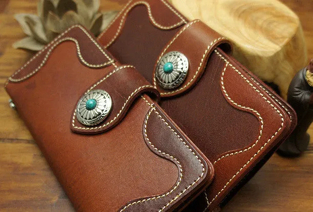 Handmade biker leather wallet with chain brown red brown Long wallet purse for men