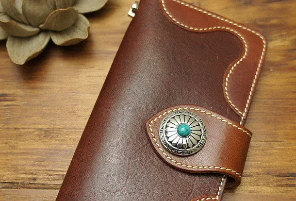 Handmade biker leather wallet with chain brown red brown Long wallet purse for men