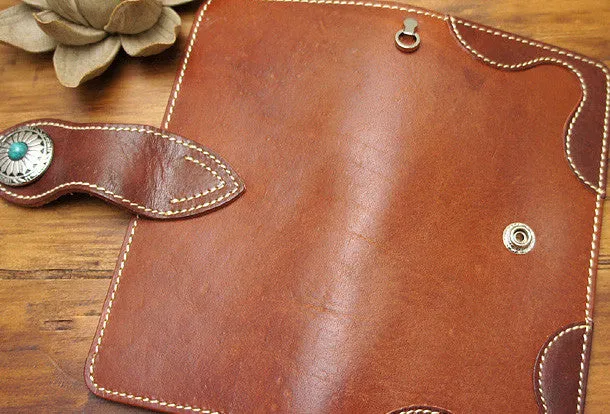 Handmade biker leather wallet with chain brown red brown Long wallet purse for men