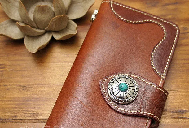 Handmade biker leather wallet with chain brown red brown Long wallet purse for men