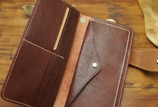 Handmade biker leather wallet with chain brown red brown Long wallet purse for men