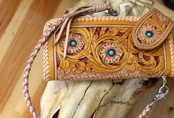 Handmade biker wallet beige yellow carved leather men biker wallet chain bifold Long wallet for men