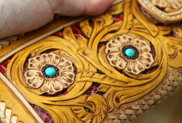 Handmade biker wallet beige yellow carved leather men biker wallet chain bifold Long wallet for men