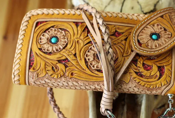 Handmade biker wallet beige yellow carved leather men biker wallet chain bifold Long wallet for men