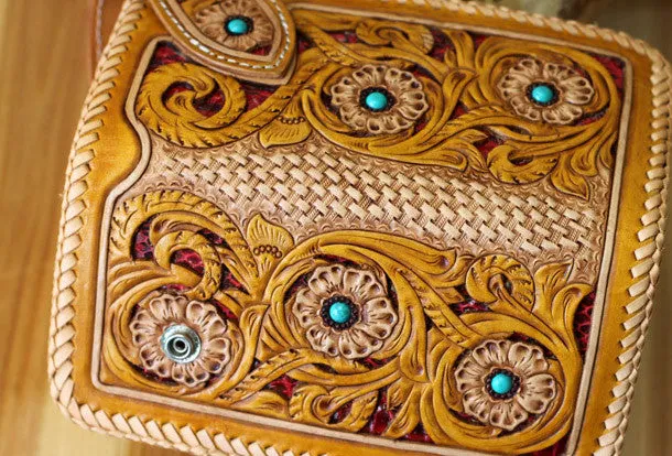 Handmade biker wallet beige yellow carved leather men biker wallet chain bifold Long wallet for men