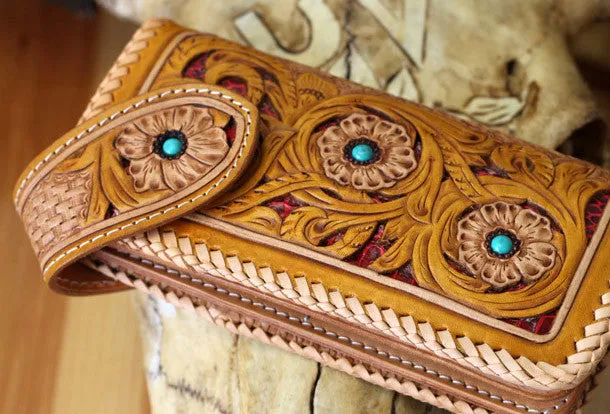 Handmade biker wallet beige yellow carved leather men biker wallet chain bifold Long wallet for men