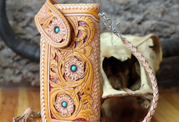 Handmade biker wallet beige yellow carved leather men biker wallet chain bifold Long wallet for men