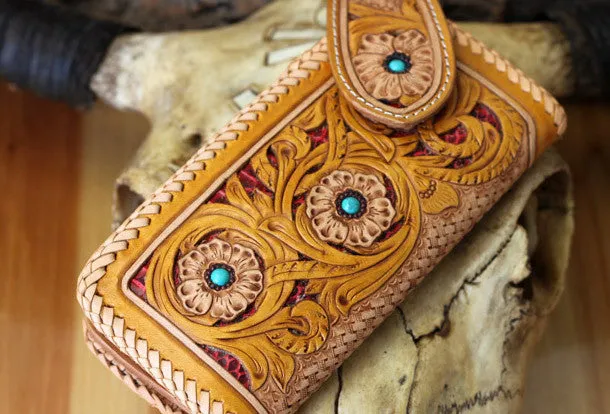 Handmade biker wallet beige yellow carved leather men biker wallet chain bifold Long wallet for men