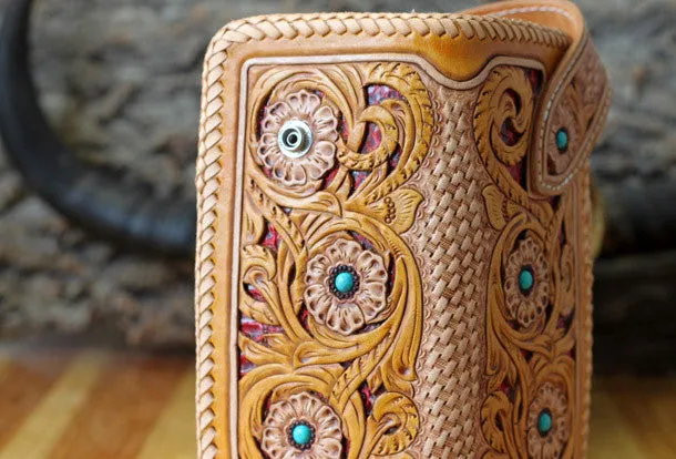 Handmade biker wallet beige yellow carved leather men biker wallet chain bifold Long wallet for men