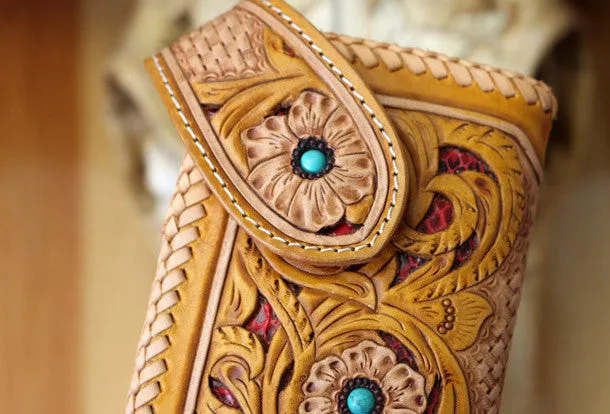 Handmade biker wallet beige yellow carved leather men biker wallet chain bifold Long wallet for men