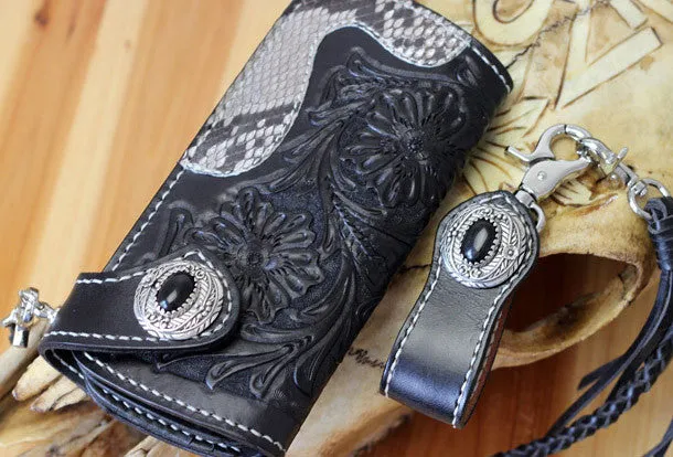 Handmade Biker Wallet Black Tooled Leather Wallet Biker Chain Wallets Cool Biker Wallets