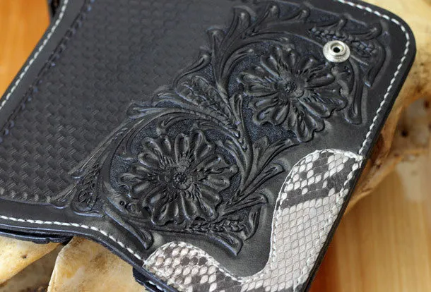 Handmade Biker Wallet Black Tooled Leather Wallet Biker Chain Wallets Cool Biker Wallets