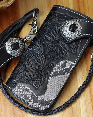 Handmade Biker Wallet Black Tooled Leather Wallet Biker Chain Wallets Cool Biker Wallets