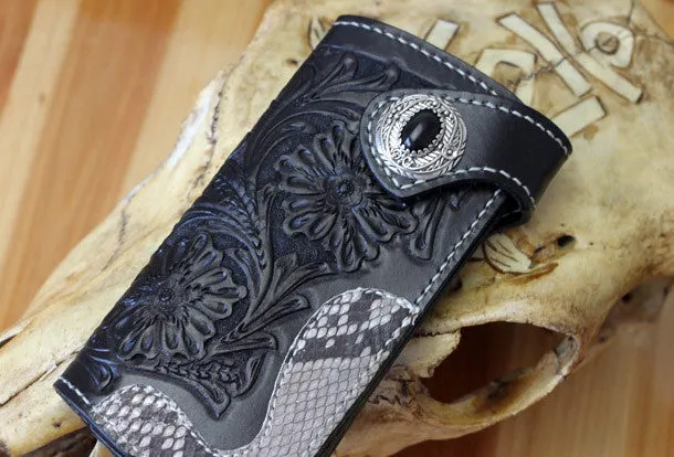 Handmade Biker Wallet Black Tooled Leather Wallet Biker Chain Wallets Cool Biker Wallets
