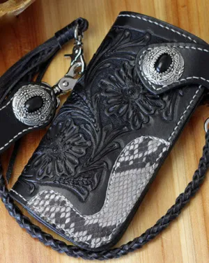 Handmade Biker Wallet Black Tooled Leather Wallet Biker Chain Wallets Cool Biker Wallets