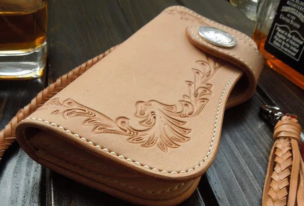 Handmade biker wallet carved bifold leather trucker wallet long floral wallet for men
