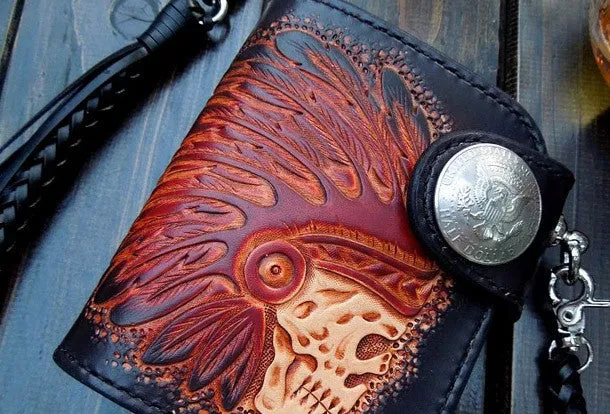 Handmade biker wallet leather carved black skull billfold biker wallet bifold purse for men