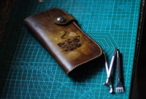 Handmade biker wallet leather carved coffee tan motorcycle leather wallet for men