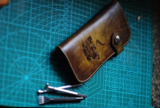 Handmade biker wallet leather carved coffee tan motorcycle leather wallet for men
