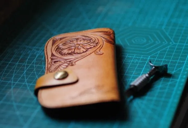 Handmade biker wallet leather carved floral brown motorcycle leather wallet for men