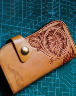 Handmade biker wallet leather carved floral brown motorcycle leather wallet for men