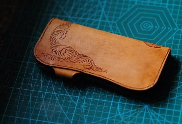 Handmade biker wallet leather carved floral brown motorcycle leather wallet for men