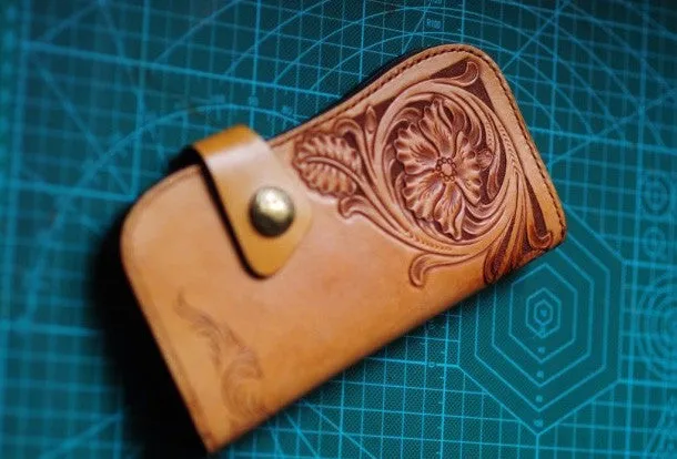 Handmade biker wallet leather carved floral brown motorcycle leather wallet for men