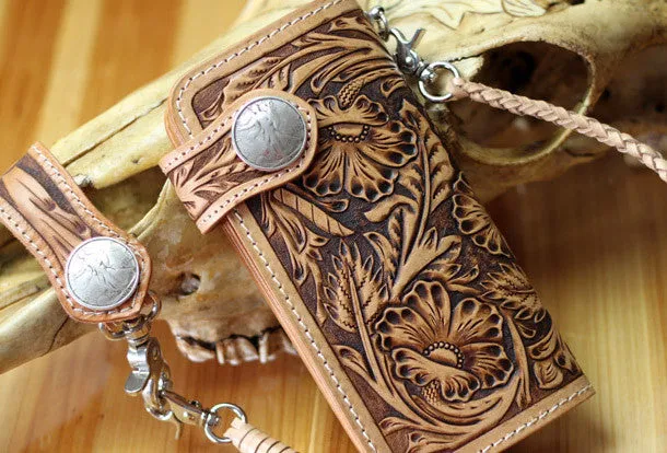 Handmade biker wallet leather floral carved biker wallet chain bifold Long wallet purse clutch for men