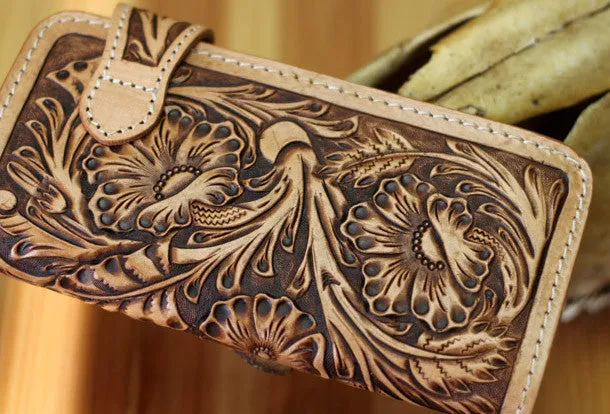 Handmade biker wallet leather floral carved biker wallet chain bifold Long wallet purse clutch for men